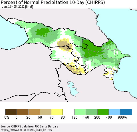 Azerbaijan, Armenia and Georgia Percent of Normal Precipitation 10-Day (CHIRPS) Thematic Map For 6/16/2022 - 6/25/2022