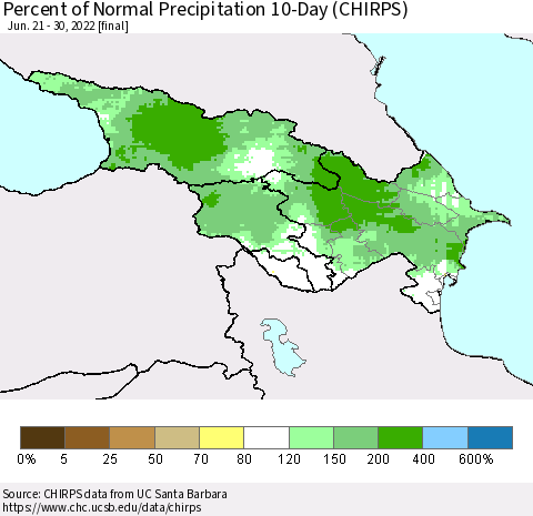 Azerbaijan, Armenia and Georgia Percent of Normal Precipitation 10-Day (CHIRPS) Thematic Map For 6/21/2022 - 6/30/2022