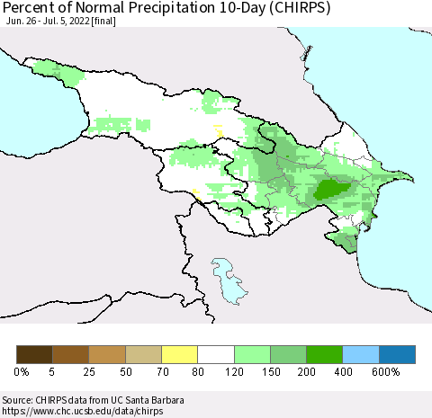 Azerbaijan, Armenia and Georgia Percent of Normal Precipitation 10-Day (CHIRPS) Thematic Map For 6/26/2022 - 7/5/2022