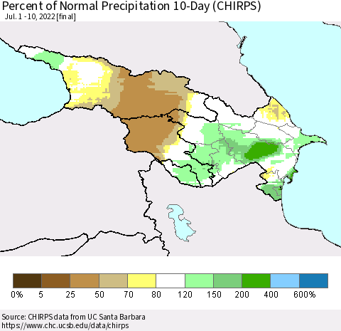 Azerbaijan, Armenia and Georgia Percent of Normal Precipitation 10-Day (CHIRPS) Thematic Map For 7/1/2022 - 7/10/2022