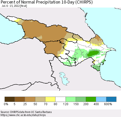 Azerbaijan, Armenia and Georgia Percent of Normal Precipitation 10-Day (CHIRPS) Thematic Map For 7/6/2022 - 7/15/2022