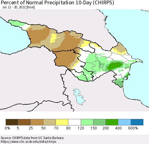 Azerbaijan, Armenia and Georgia Percent of Normal Precipitation 10-Day (CHIRPS) Thematic Map For 7/11/2022 - 7/20/2022