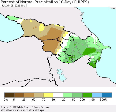 Azerbaijan, Armenia and Georgia Percent of Normal Precipitation 10-Day (CHIRPS) Thematic Map For 7/16/2022 - 7/25/2022