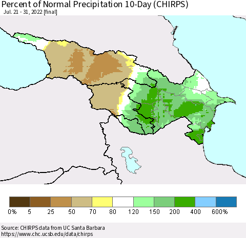 Azerbaijan, Armenia and Georgia Percent of Normal Precipitation 10-Day (CHIRPS) Thematic Map For 7/21/2022 - 7/31/2022