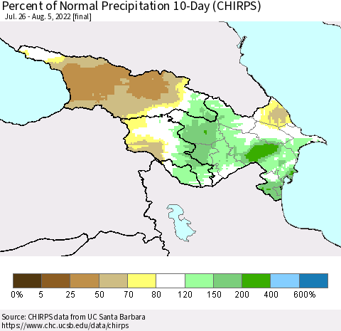 Azerbaijan, Armenia and Georgia Percent of Normal Precipitation 10-Day (CHIRPS) Thematic Map For 7/26/2022 - 8/5/2022