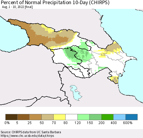 Azerbaijan, Armenia and Georgia Percent of Normal Precipitation 10-Day (CHIRPS) Thematic Map For 8/1/2022 - 8/10/2022