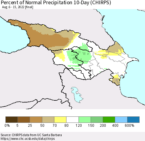 Azerbaijan, Armenia and Georgia Percent of Normal Precipitation 10-Day (CHIRPS) Thematic Map For 8/6/2022 - 8/15/2022