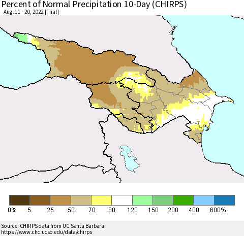 Azerbaijan, Armenia and Georgia Percent of Normal Precipitation 10-Day (CHIRPS) Thematic Map For 8/11/2022 - 8/20/2022