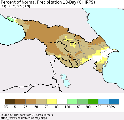 Azerbaijan, Armenia and Georgia Percent of Normal Precipitation 10-Day (CHIRPS) Thematic Map For 8/16/2022 - 8/25/2022