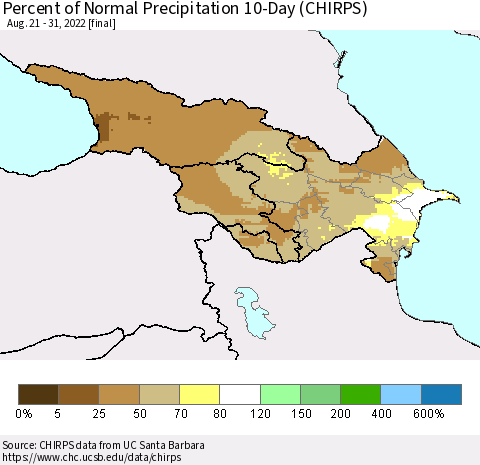 Azerbaijan, Armenia and Georgia Percent of Normal Precipitation 10-Day (CHIRPS) Thematic Map For 8/21/2022 - 8/31/2022