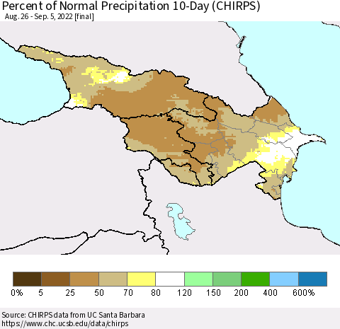 Azerbaijan, Armenia and Georgia Percent of Normal Precipitation 10-Day (CHIRPS) Thematic Map For 8/26/2022 - 9/5/2022