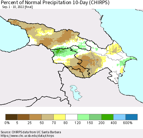 Azerbaijan, Armenia and Georgia Percent of Normal Precipitation 10-Day (CHIRPS) Thematic Map For 9/1/2022 - 9/10/2022