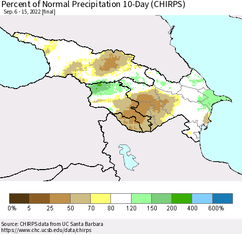 Azerbaijan, Armenia and Georgia Percent of Normal Precipitation 10-Day (CHIRPS) Thematic Map For 9/6/2022 - 9/15/2022