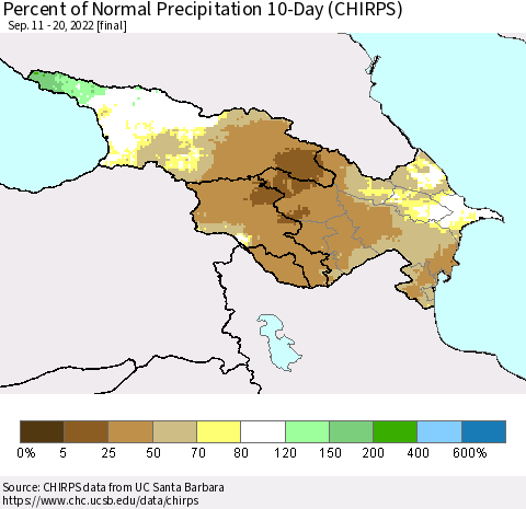 Azerbaijan, Armenia and Georgia Percent of Normal Precipitation 10-Day (CHIRPS) Thematic Map For 9/11/2022 - 9/20/2022