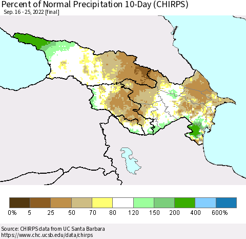 Azerbaijan, Armenia and Georgia Percent of Normal Precipitation 10-Day (CHIRPS) Thematic Map For 9/16/2022 - 9/25/2022