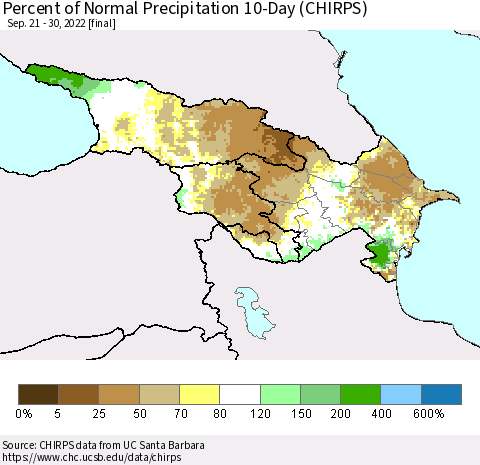 Azerbaijan, Armenia and Georgia Percent of Normal Precipitation 10-Day (CHIRPS) Thematic Map For 9/21/2022 - 9/30/2022