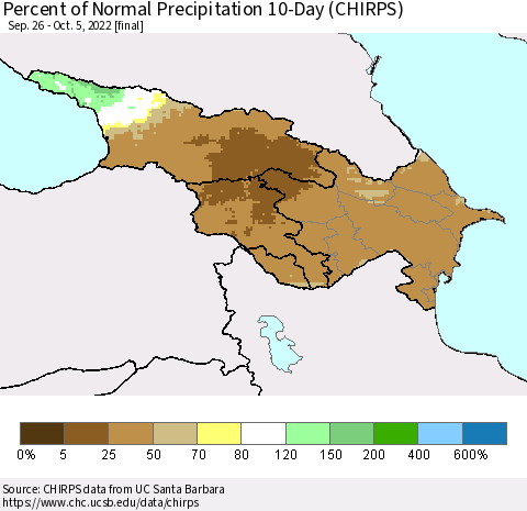 Azerbaijan, Armenia and Georgia Percent of Normal Precipitation 10-Day (CHIRPS) Thematic Map For 9/26/2022 - 10/5/2022