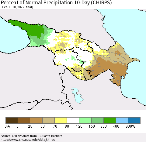 Azerbaijan, Armenia and Georgia Percent of Normal Precipitation 10-Day (CHIRPS) Thematic Map For 10/1/2022 - 10/10/2022
