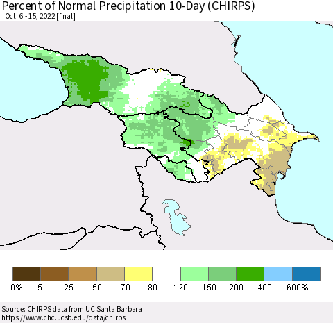 Azerbaijan, Armenia and Georgia Percent of Normal Precipitation 10-Day (CHIRPS) Thematic Map For 10/6/2022 - 10/15/2022