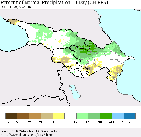 Azerbaijan, Armenia and Georgia Percent of Normal Precipitation 10-Day (CHIRPS) Thematic Map For 10/11/2022 - 10/20/2022