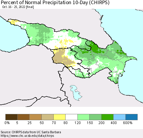 Azerbaijan, Armenia and Georgia Percent of Normal Precipitation 10-Day (CHIRPS) Thematic Map For 10/16/2022 - 10/25/2022