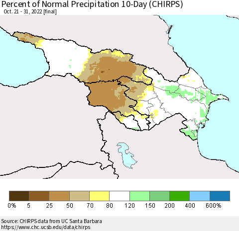 Azerbaijan, Armenia and Georgia Percent of Normal Precipitation 10-Day (CHIRPS) Thematic Map For 10/21/2022 - 10/31/2022