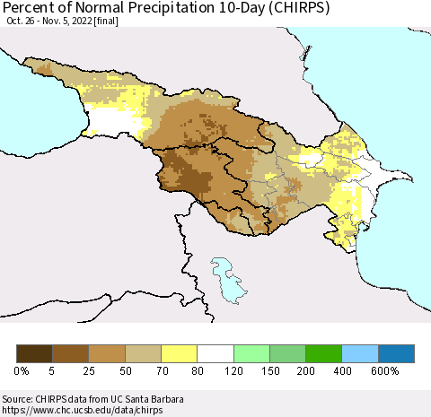 Azerbaijan, Armenia and Georgia Percent of Normal Precipitation 10-Day (CHIRPS) Thematic Map For 10/26/2022 - 11/5/2022