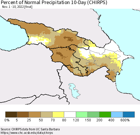 Azerbaijan, Armenia and Georgia Percent of Normal Precipitation 10-Day (CHIRPS) Thematic Map For 11/1/2022 - 11/10/2022