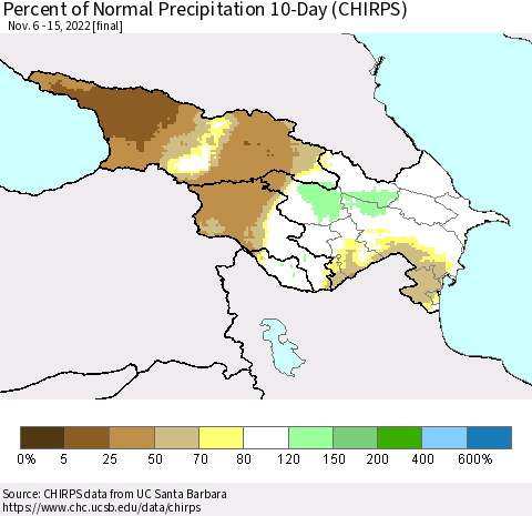 Azerbaijan, Armenia and Georgia Percent of Normal Precipitation 10-Day (CHIRPS) Thematic Map For 11/6/2022 - 11/15/2022