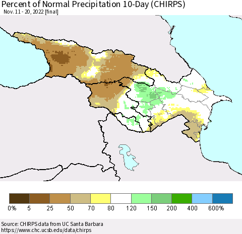 Azerbaijan, Armenia and Georgia Percent of Normal Precipitation 10-Day (CHIRPS) Thematic Map For 11/11/2022 - 11/20/2022