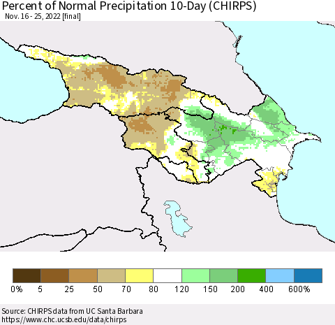 Azerbaijan, Armenia and Georgia Percent of Normal Precipitation 10-Day (CHIRPS) Thematic Map For 11/16/2022 - 11/25/2022