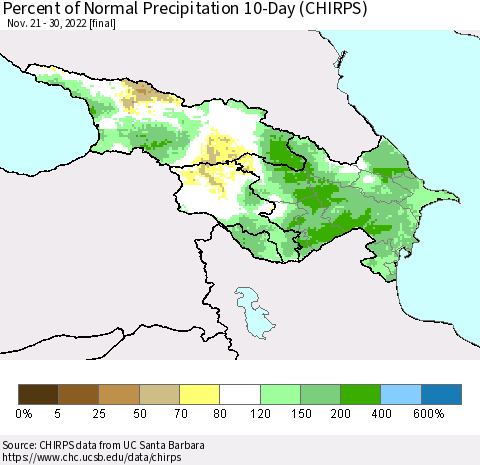 Azerbaijan, Armenia and Georgia Percent of Normal Precipitation 10-Day (CHIRPS) Thematic Map For 11/21/2022 - 11/30/2022