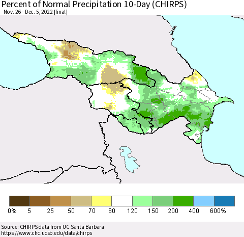 Azerbaijan, Armenia and Georgia Percent of Normal Precipitation 10-Day (CHIRPS) Thematic Map For 11/26/2022 - 12/5/2022