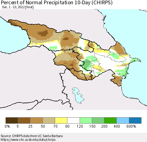 Azerbaijan, Armenia and Georgia Percent of Normal Precipitation 10-Day (CHIRPS) Thematic Map For 12/1/2022 - 12/10/2022