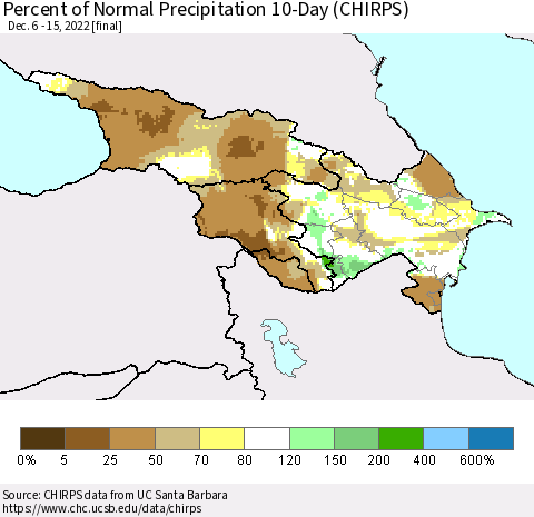 Azerbaijan, Armenia and Georgia Percent of Normal Precipitation 10-Day (CHIRPS) Thematic Map For 12/6/2022 - 12/15/2022