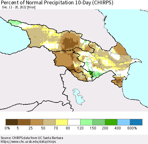 Azerbaijan, Armenia and Georgia Percent of Normal Precipitation 10-Day (CHIRPS) Thematic Map For 12/11/2022 - 12/20/2022