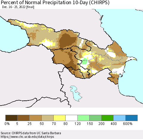Azerbaijan, Armenia and Georgia Percent of Normal Precipitation 10-Day (CHIRPS) Thematic Map For 12/16/2022 - 12/25/2022