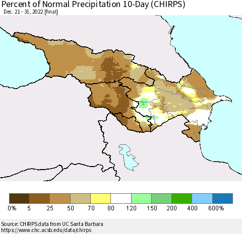 Azerbaijan, Armenia and Georgia Percent of Normal Precipitation 10-Day (CHIRPS) Thematic Map For 12/21/2022 - 12/31/2022