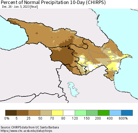 Azerbaijan, Armenia and Georgia Percent of Normal Precipitation 10-Day (CHIRPS) Thematic Map For 12/26/2022 - 1/5/2023