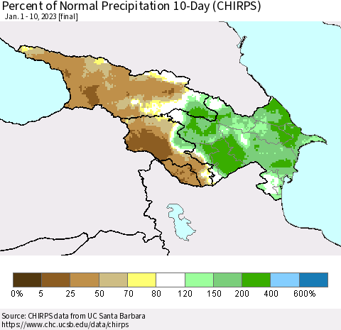 Azerbaijan, Armenia and Georgia Percent of Normal Precipitation 10-Day (CHIRPS) Thematic Map For 1/1/2023 - 1/10/2023