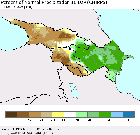 Azerbaijan, Armenia and Georgia Percent of Normal Precipitation 10-Day (CHIRPS) Thematic Map For 1/6/2023 - 1/15/2023