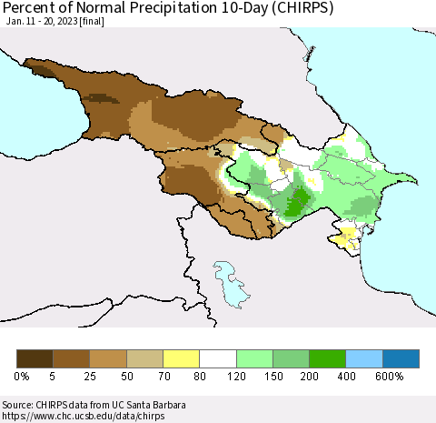 Azerbaijan, Armenia and Georgia Percent of Normal Precipitation 10-Day (CHIRPS) Thematic Map For 1/11/2023 - 1/20/2023