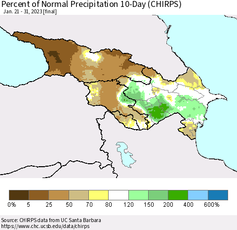 Azerbaijan, Armenia and Georgia Percent of Normal Precipitation 10-Day (CHIRPS) Thematic Map For 1/21/2023 - 1/31/2023
