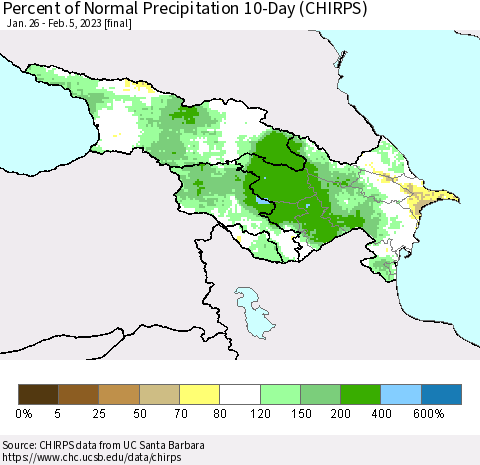 Azerbaijan, Armenia and Georgia Percent of Normal Precipitation 10-Day (CHIRPS) Thematic Map For 1/26/2023 - 2/5/2023
