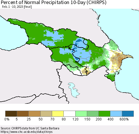 Azerbaijan, Armenia and Georgia Percent of Normal Precipitation 10-Day (CHIRPS) Thematic Map For 2/1/2023 - 2/10/2023
