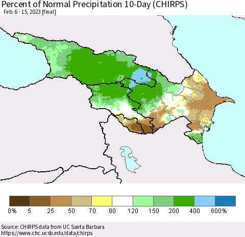 Azerbaijan, Armenia and Georgia Percent of Normal Precipitation 10-Day (CHIRPS) Thematic Map For 2/6/2023 - 2/15/2023