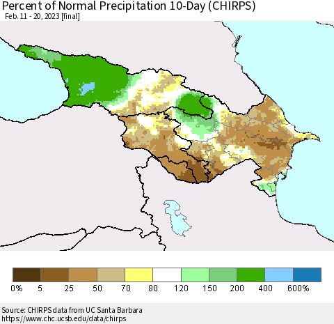 Azerbaijan, Armenia and Georgia Percent of Normal Precipitation 10-Day (CHIRPS) Thematic Map For 2/11/2023 - 2/20/2023