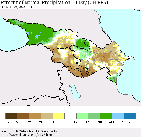 Azerbaijan, Armenia and Georgia Percent of Normal Precipitation 10-Day (CHIRPS) Thematic Map For 2/16/2023 - 2/25/2023