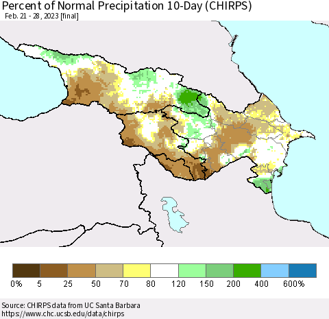 Azerbaijan, Armenia and Georgia Percent of Normal Precipitation 10-Day (CHIRPS) Thematic Map For 2/21/2023 - 2/28/2023
