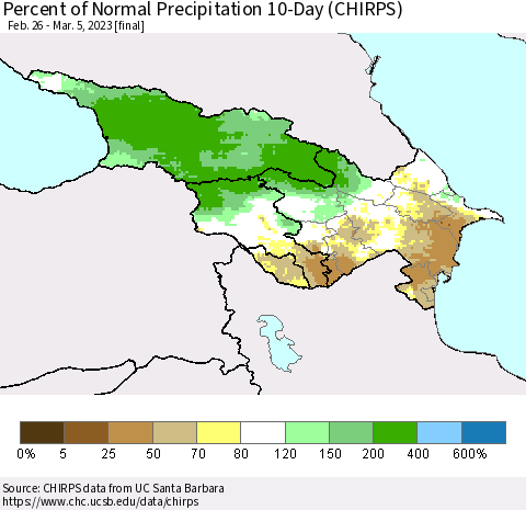 Azerbaijan, Armenia and Georgia Percent of Normal Precipitation 10-Day (CHIRPS) Thematic Map For 2/26/2023 - 3/5/2023
